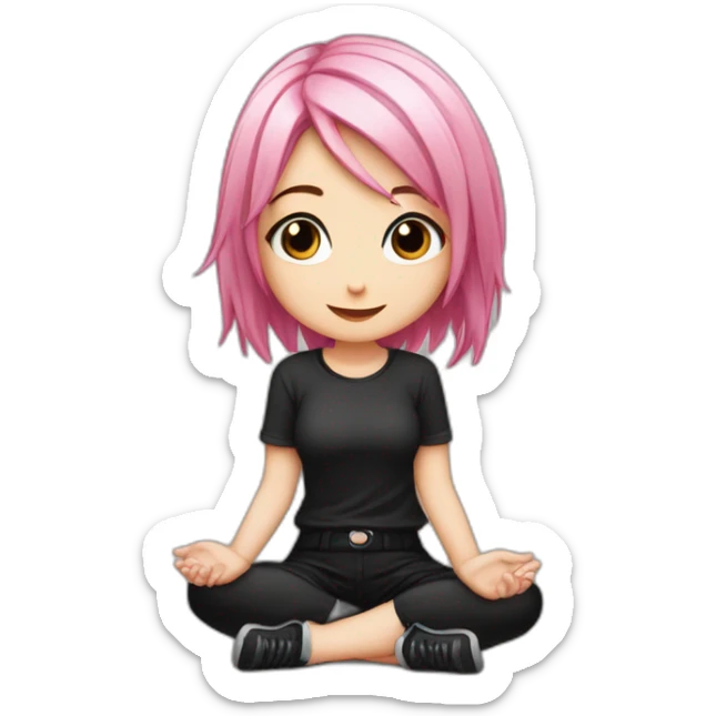 Full body Front view curvy emo girl pink hair sits on the floor straight view hands up black skirt белые трусики полосатые рваные чулки sticker