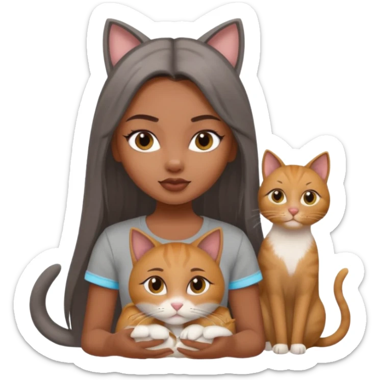 a pretty bratz dusky girl with long straight hair with four cats nd wearing a grey tshirt sticker