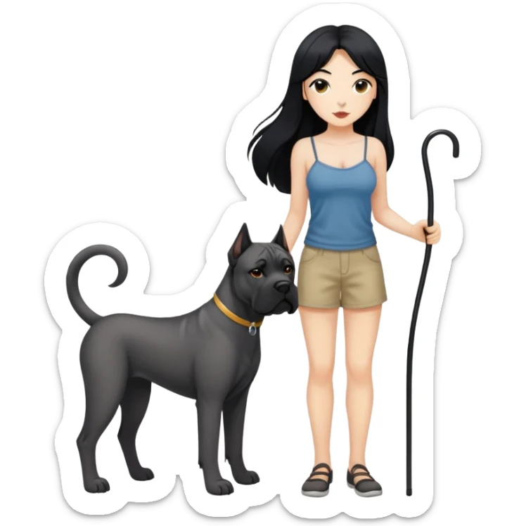 Woman with long black hair wearing spaghetti strap top holding a black Cane Corso dog with cropped ears and short tail sticker