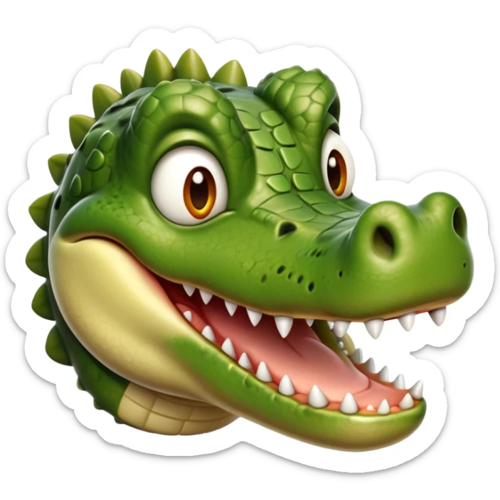 cinematic-realistic-cute-crocodile-portrait-emoji,-head-tilted-playfully-and-inquisitively,-featuring-a-robust,-well-defined-build-with-intricately-detailed,-glossy-olive-green-scales-and-a-surprisingly-endearing-face-with-round,-sparkling eyes sticker