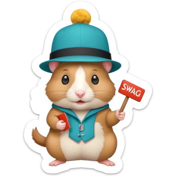 A stylish hamster holding a "SWAG" sign, trendy colors, sleek design sticker