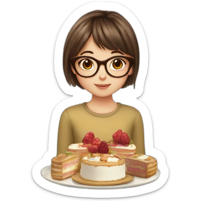 Young girl with brown hair and bangs and tortoiseshell glasses holding a plate with cakes sticker