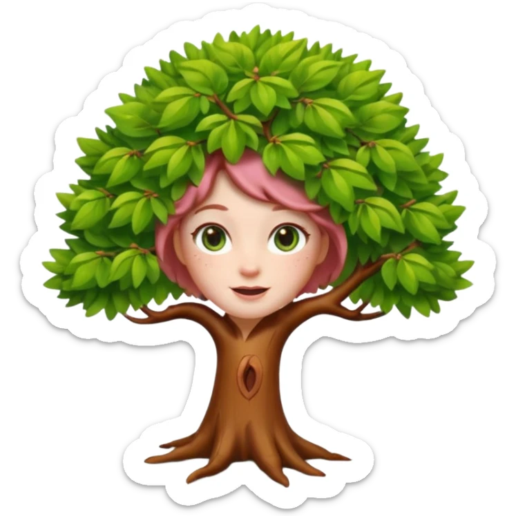 Style memoji iphone. Un petit sapin vert sylvestre, féminin, regard malicieux, tâches de rousseurs délicates, joues roses. Yeux de biche brillants en forme amande, yeux couleur ambre, tronc couleur acajou. Sapin en mouvement, incurvé pour un effet vivant. sticker