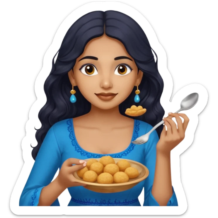a pretty tan indian bratz girl with wavy long BLACK hair. eyeliner on, wearing a blue kurti, eating golgappa (without spoon) sticker