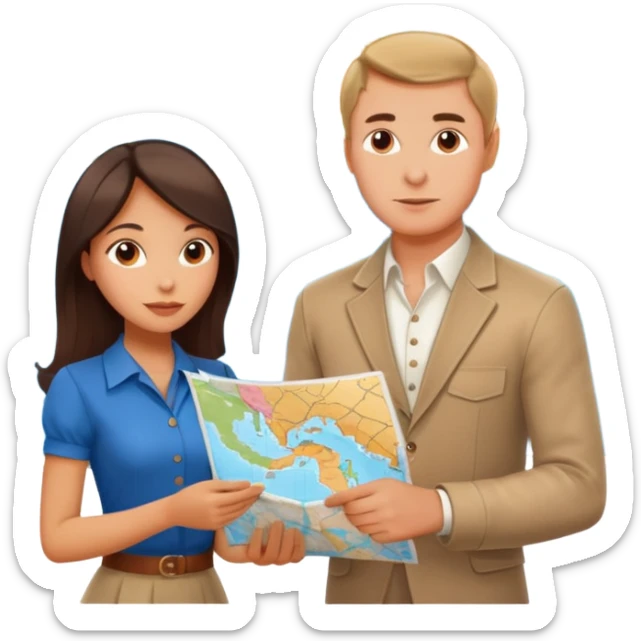 Russian man and elegant Latina girl in cute outfits with a map planning map in the background  sticker