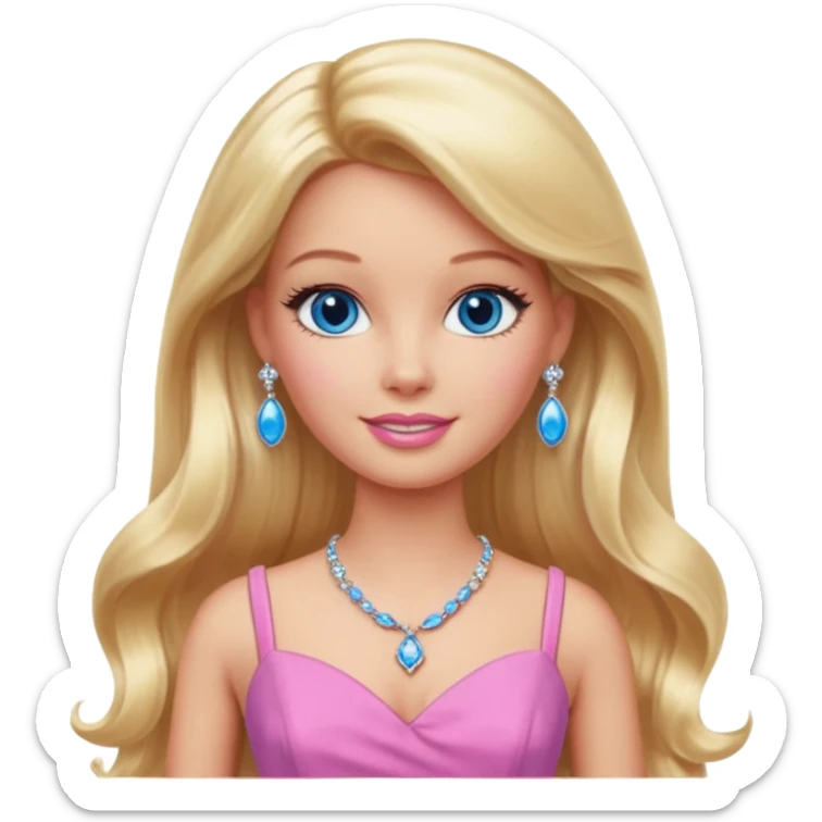 barbie, long blonde hair, pink dress, with blue eyes,different dress,ear rings, jewelary. sticker