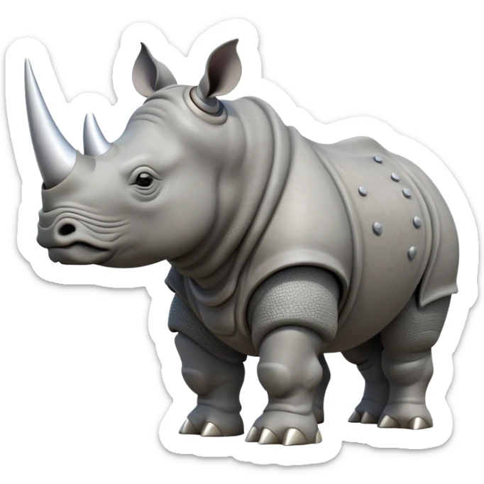 cinematic-rhino-full-body-standing-emoji,-massive-armored-body-poised-powerfully,-thick-horn-curving-slightly-forward,-head-tilted-dramatically,-rough-grey-hide-covered-in-dust,-simplified-focused-features sticker