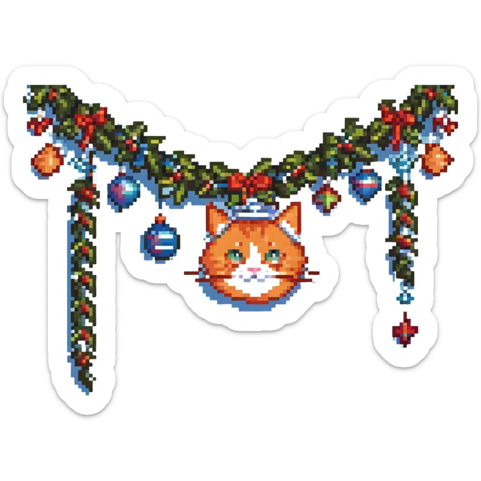head of an orange cat in pixel art style, simplified details, Christmas garland like on a New Year tree, gaming style sticker