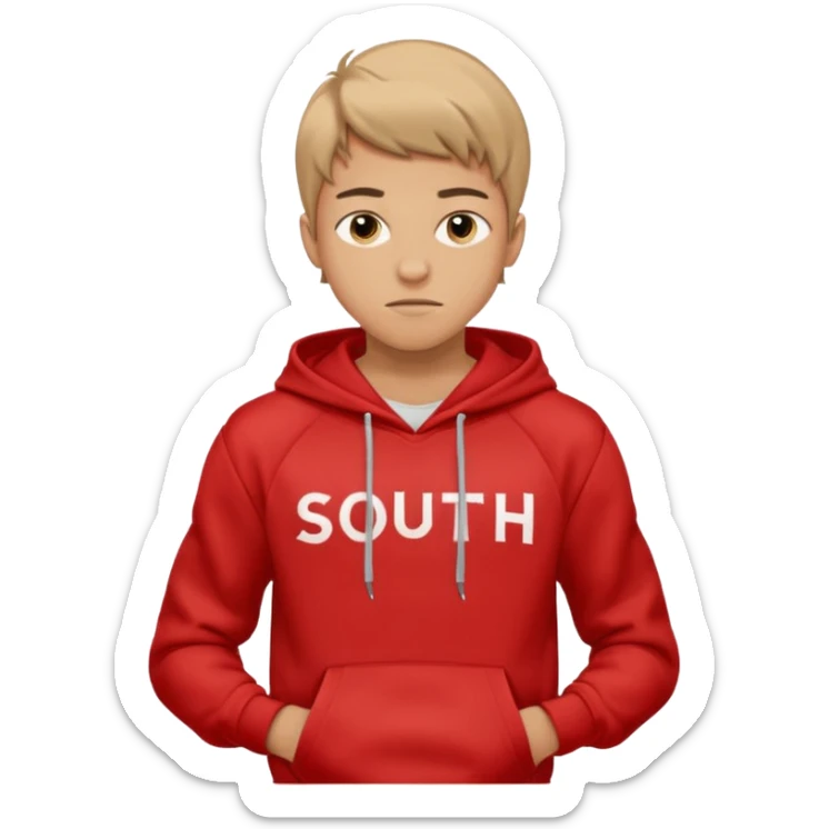 make me an emoji of an americain 19 yearold boy in a red hoodie that says "south" on it and give him with tan skin with his hands in his hands in his pocket not grining flexing his muscles sticker