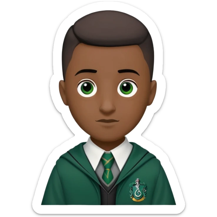 louis cordice is Blaise Zabini in harry potter, wear hogwarts slytherin uniform, Classic Buzz Cut hair, long face,thin, black skin sticker