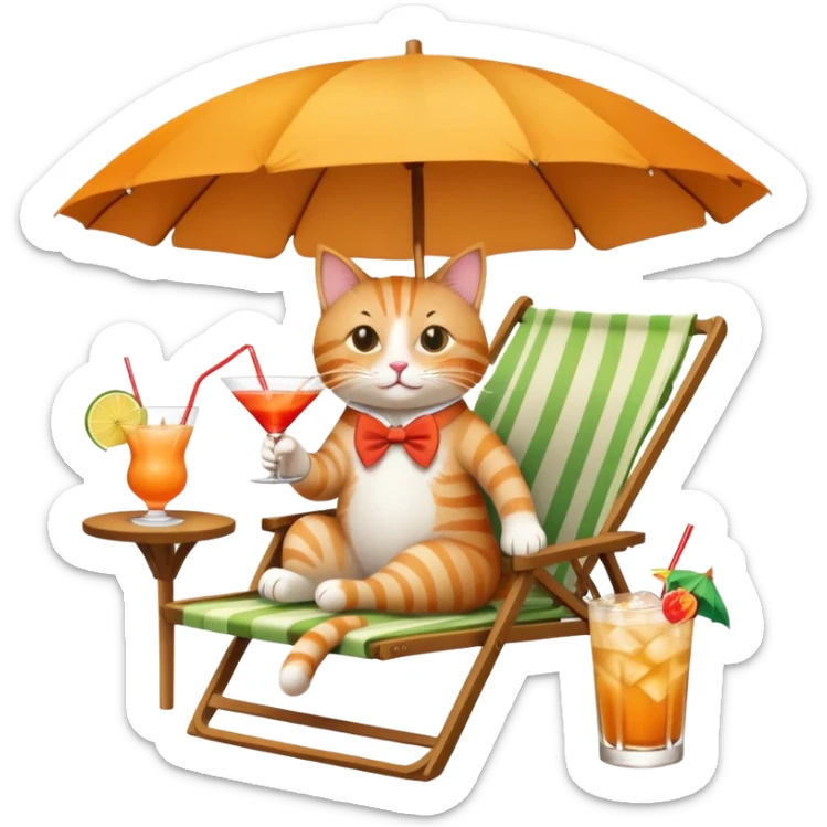 Cat relaxing on a beach chair, sipping a mai tai cocktail with umbrella sticker