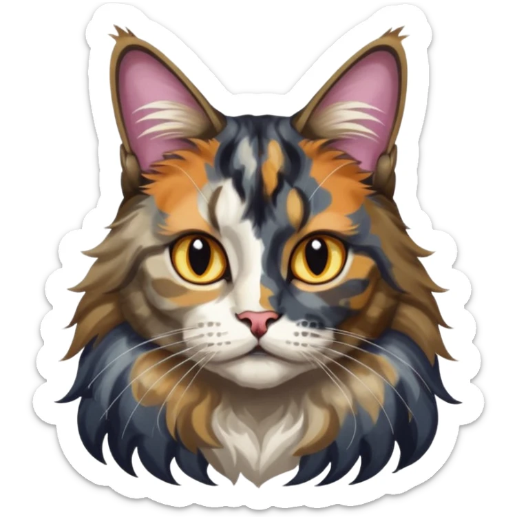 Maine coon black silver tortie et blanc avec une grosse tache noir sur un côté de la tête qui vient comme pour faire une moustache avec des couleurs assez vives  sticker