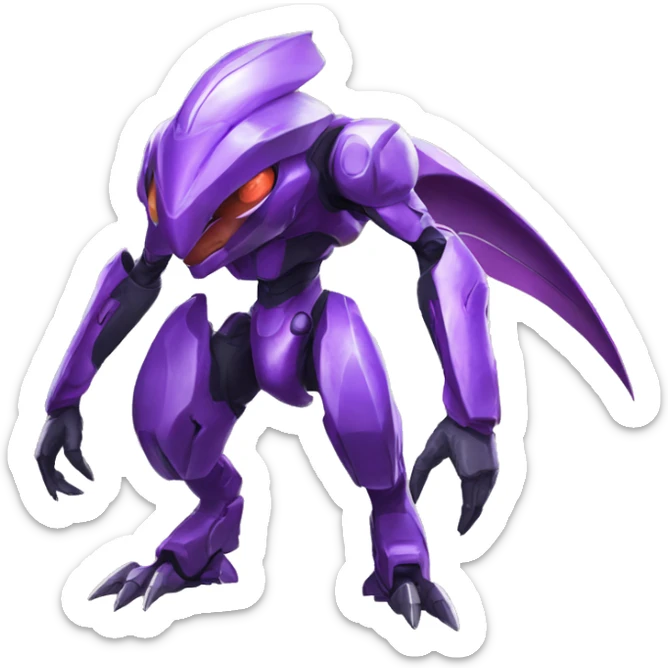 a shiny purple Genesect-Raptor-Fakémon—hybrid with a futuristic visor-helmet full body sticker