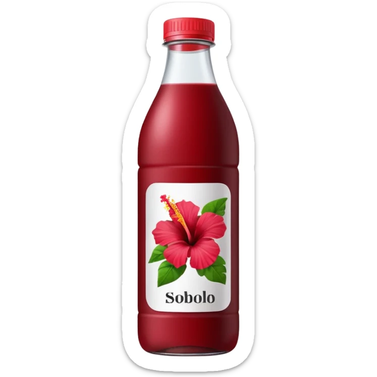 sobolo emoji (Ghanaian frink) in a plastic bottle and make the juice dark red  but a hibiscus on it and  write sobolo on it no hibiscus behind it on the label instead sticker