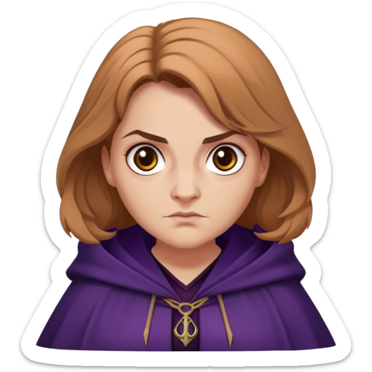 Alecto Carrow in harry potter, a woman fat, light brown tied hair, look evil, dark purple cloak sticker