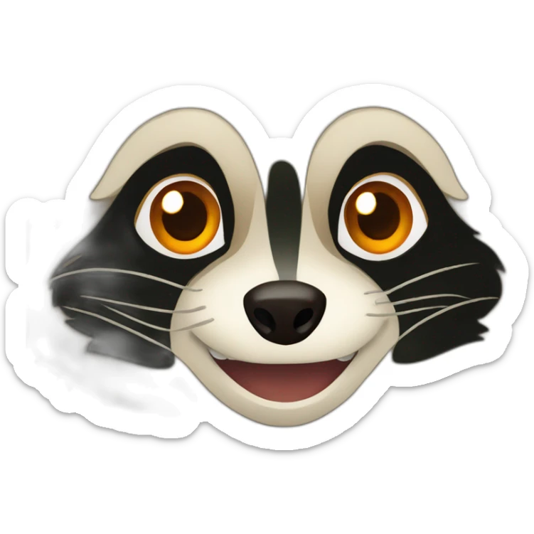 a small brown raccoon with orange eyes and a dark green hood that is laughing sticker