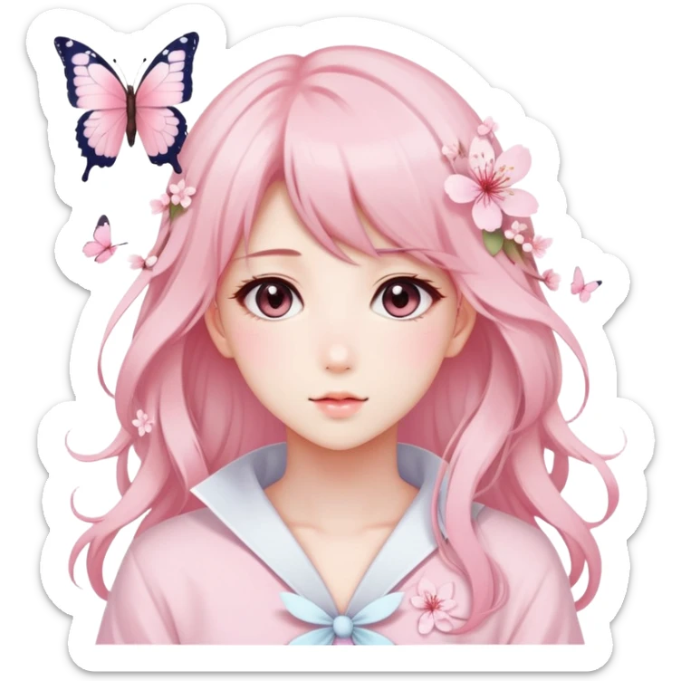 A Gorgeous Beautiful Anime Lady Sakura Cherry Blossom and Pretty Hair, pastelcore aesthetic, pastel pink and white, butterfly sticker