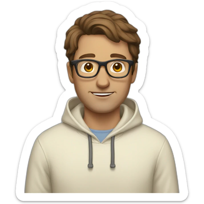 Man with brown hair and glasses wearing a cream hoodie sticker