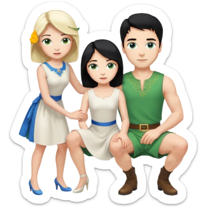 prince, upright, black Hair, blue eyes, garment,  Woman, bending knee, sleveless white dress, blonde hair, green eyes, sticker