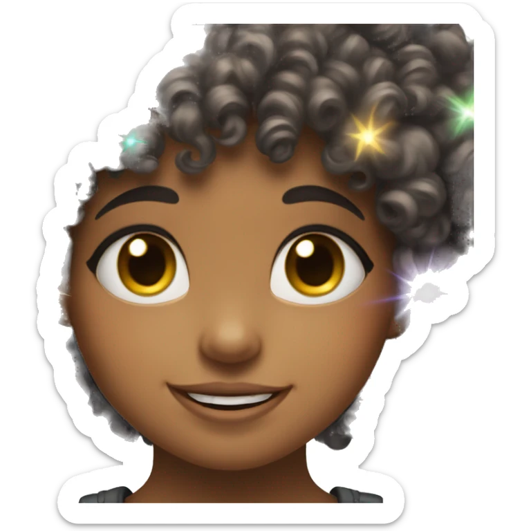 A cute girl with bangs with sparkles around her ad curly hair, smiling(also bubbles around her) sticker