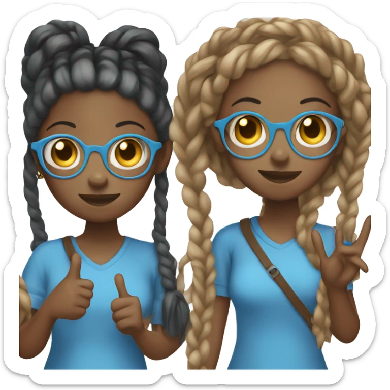 Black girl with a bunch of braids and a long blue shirt with black glasses holding up a peace sign sticker