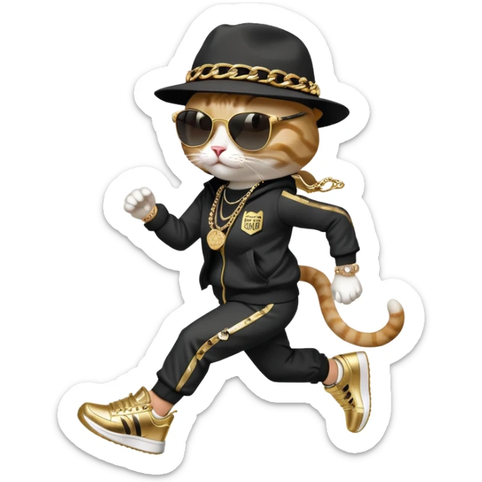 female cat running upright wearing Run DMC hip-hop outfit, tracksuit, fedora, Adidas sneakers, dark sunglasses, many gold chains, bling accessories (rings, bracelets, earrings) sticker