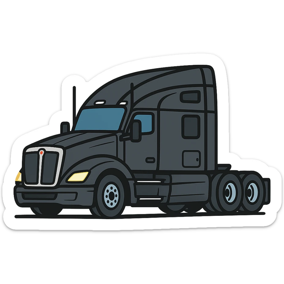 2026 Black Kenworth T680 Sleeper semi truck, side view, headlights on, minimal flat icon style, no background sticker