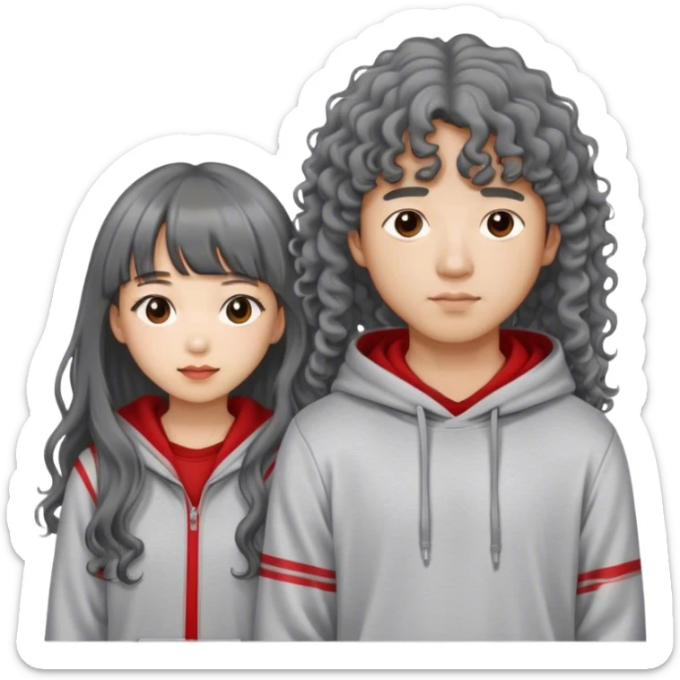 Asian couple boy with long korean hair style with grey hoodie and the girl with long curly hair with bang and stripe red long sleeve sticker