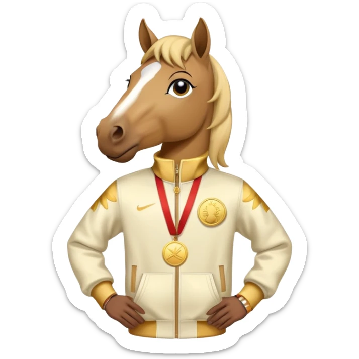 anthropomorphised horse in a hip-hop outfit, wearing a gold medal sticker