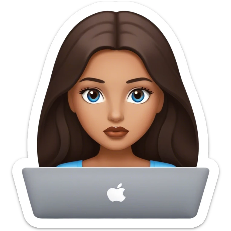 Glamours tanned very beautiful girl with pump lips and dark chocolate straight smooth long hair, blue-grey eyes with MacBook sticker
