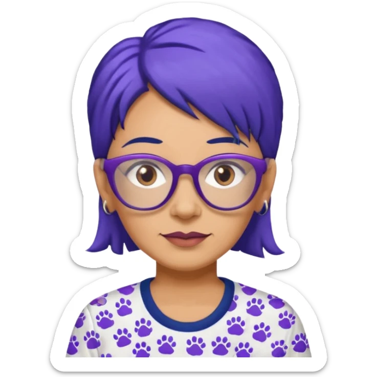 50-year-old woman with hair that is navy blue, purple glasses, and brown eyes, in a shirt with small pawprints all over it. sticker