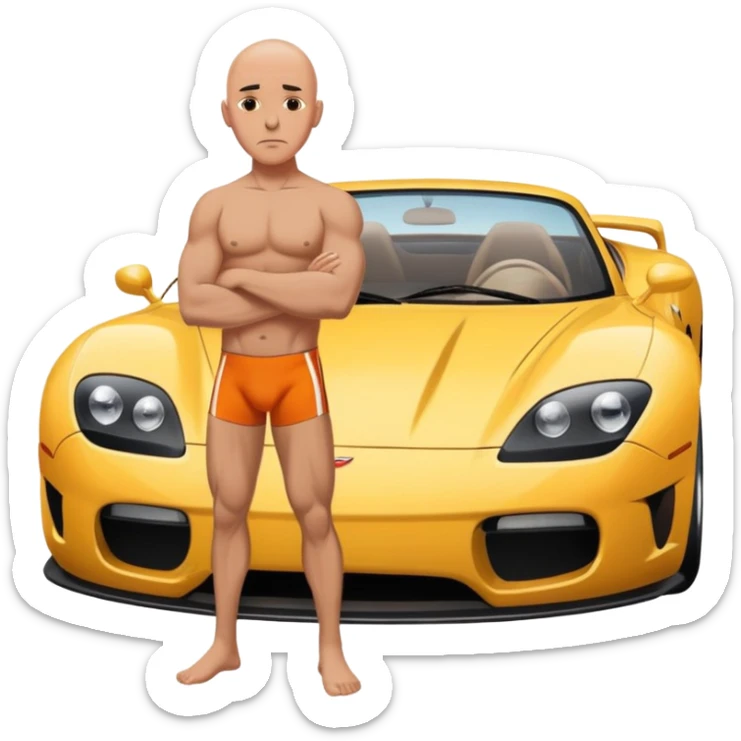 Bald Man in speedo in front of sports car  making a serious face sticker