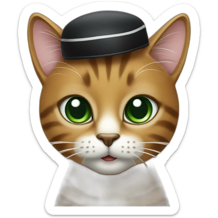Brown cat with black stripes and white mustache and the contour of the white mouth and green eyes with a brush pencil and a beret sticker