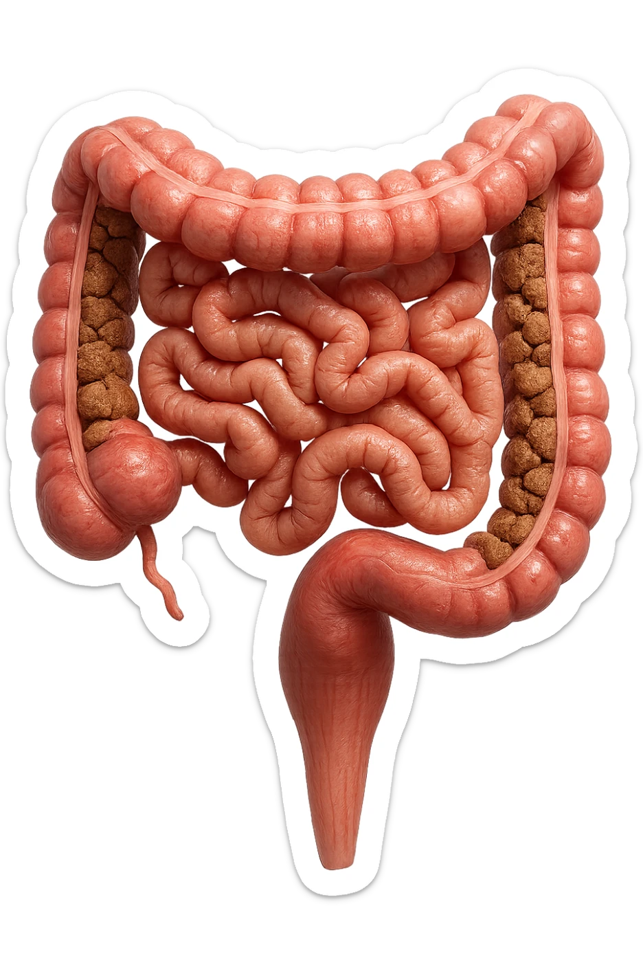 intestino umano anatomico con colon pieno di feci spezzettate, iperrealistica 4k sticker