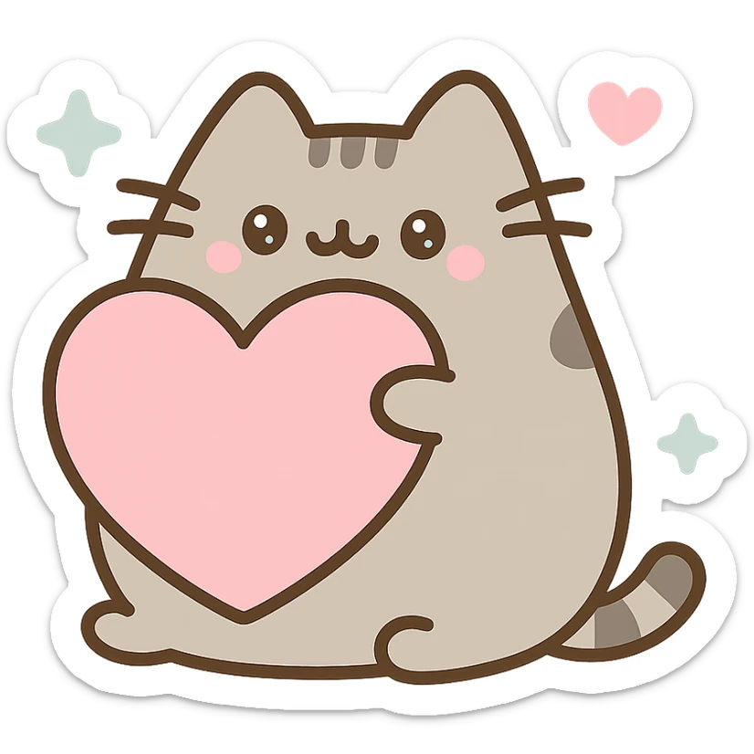 Pusheen hugging a big heart, pastel pinks and blues, super adorable, kawaii style sticker