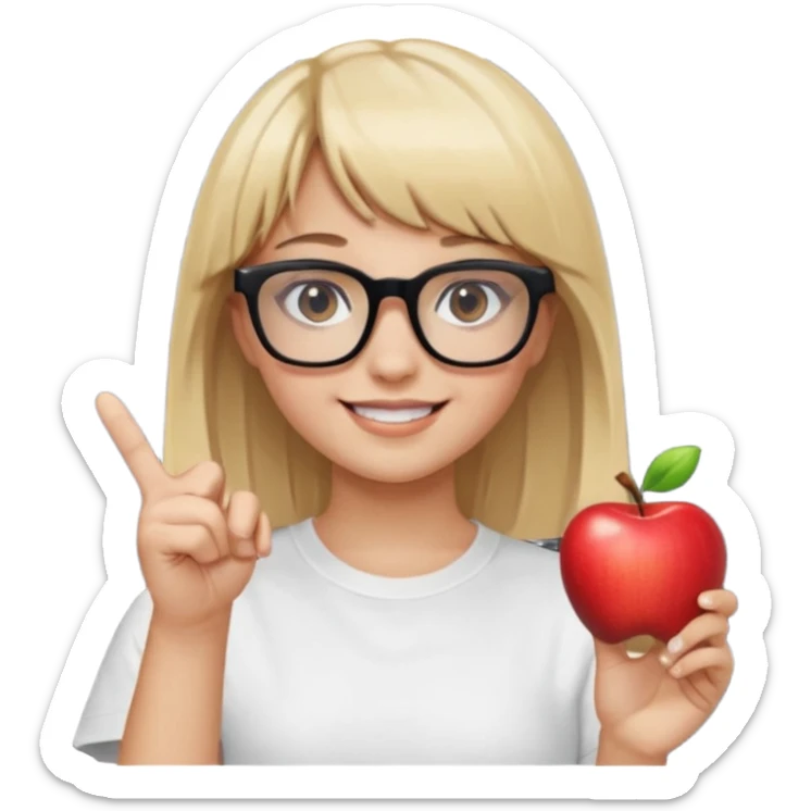 smiling girl with blonde hair, bangs, and brown eyes, wearing black square glasses and a white oversized T-shirt, pointing her finger up to the right, Apple emoji style sticker