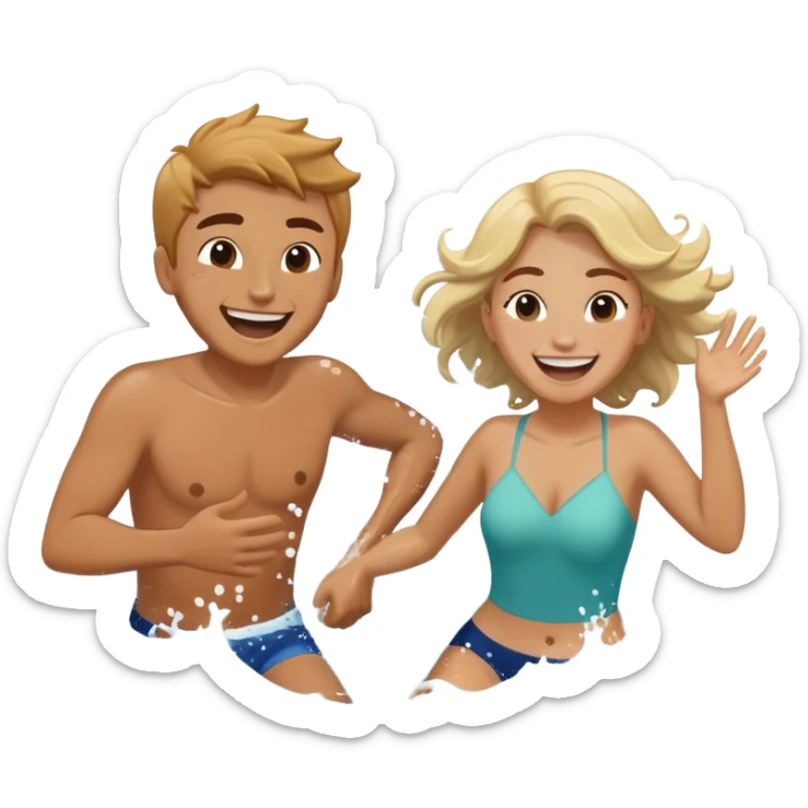 A person splashing water at their friend in the ocean, both laughing as the waves roll around them. The sun shines warmly above, capturing the joy of creating fun, embracing connection, and appreciating the moment with someone who makes life feel lighter.  sticker