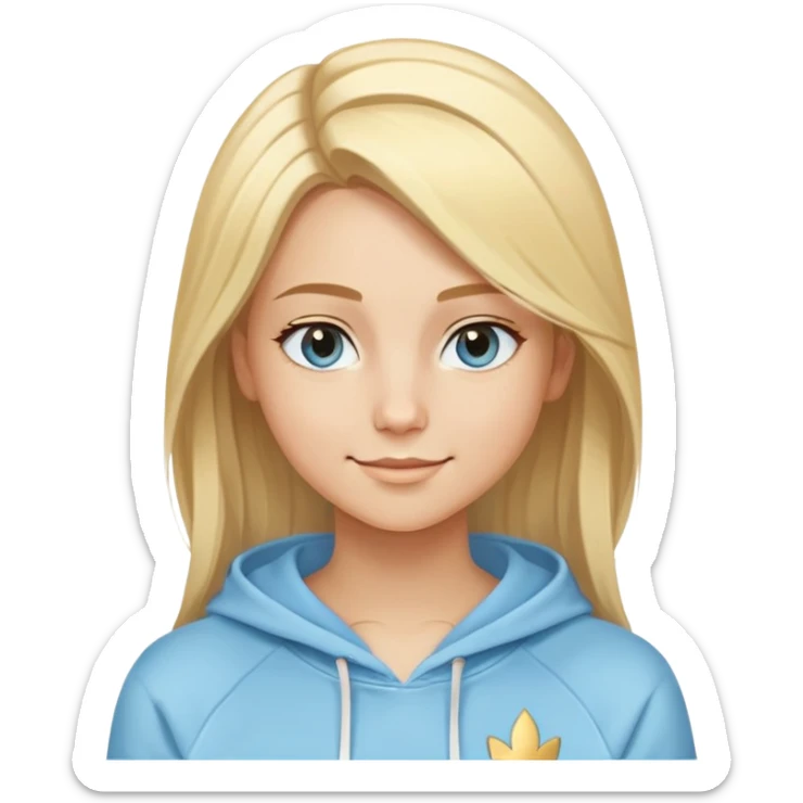 Woman with blonde straight hair and side part, serene smile, dreamy eyes, wearing a light blue fantasy-sporty hoodie with golden and white details sticker