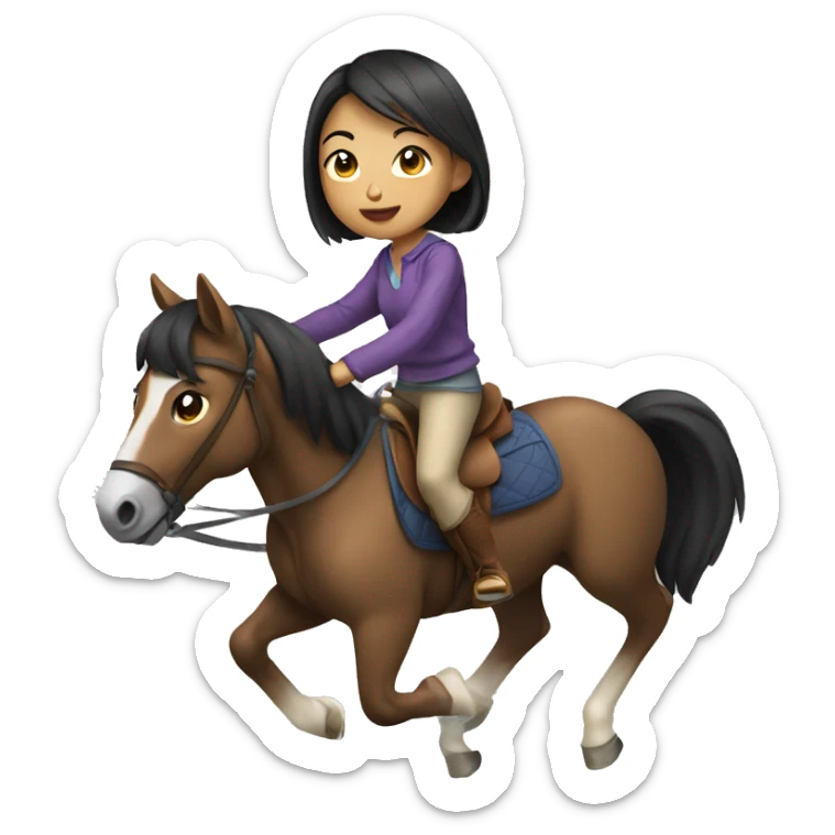 Asian teen girl with short hair riding horse sticker