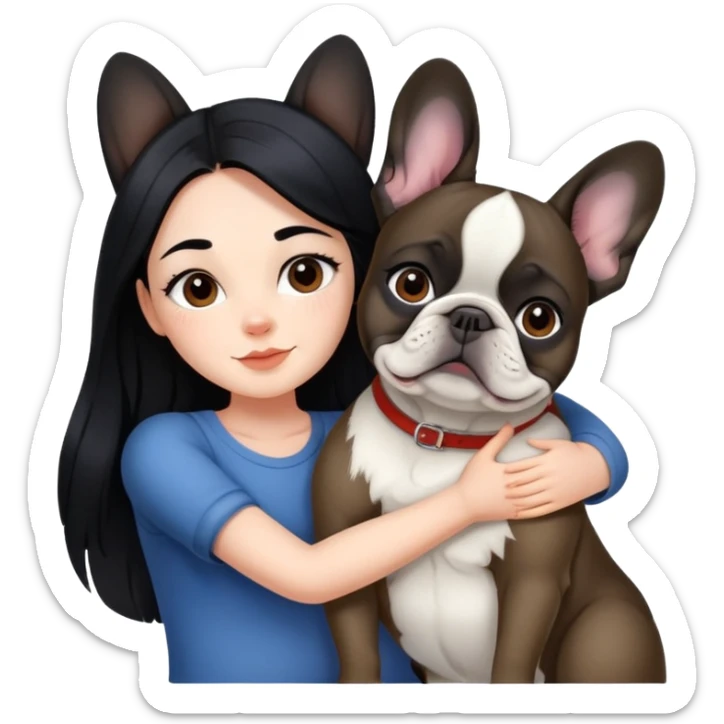 A beautiful girl with long black hair hugs a French bulldog sticker