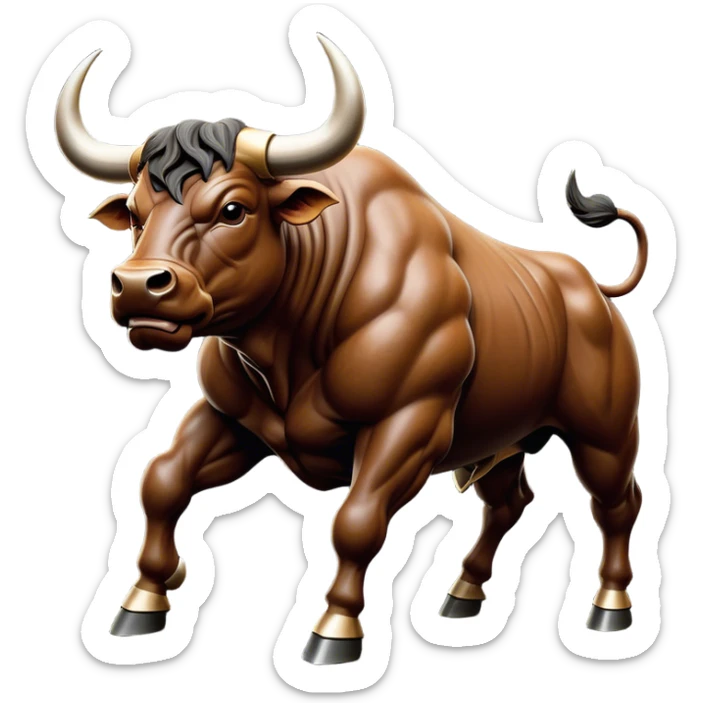 Cinematic Realistic depiction of a powerful Spanish charging bull, rendered with dynamic muscle definition and detailed, textured hide, set against a dramatic backdrop with intense, action-packed lighting sticker