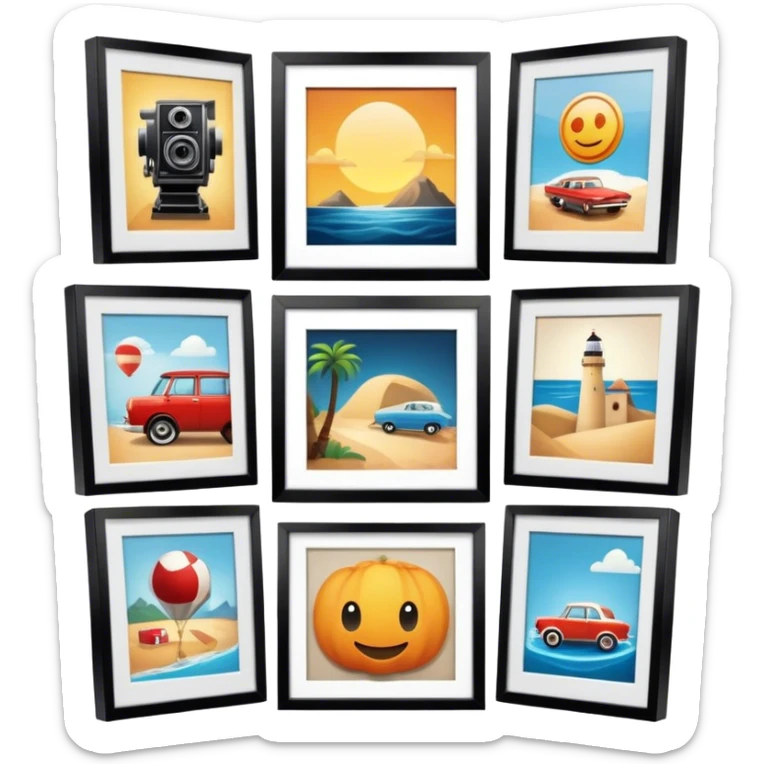Icon for Photograph and Poster Collecting: a collection of photographs and movie posters, neatly displayed on a wall or in frames. The icon should evoke the nostalgia and artistic value of collecting rare images and posters. Transparent background. sticker