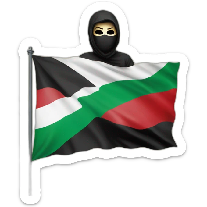 A masked man raises the Palestinian flag, with the words Free Palestine written on the flag  sticker