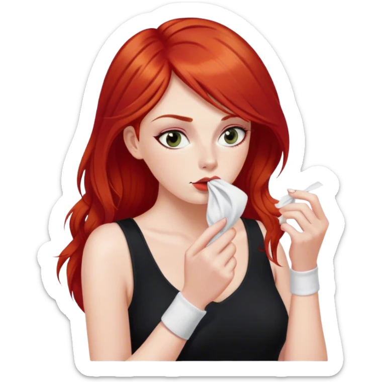 a woman with red hair and red eyes sniffing a white sock. The woman wear a black  dress sticker