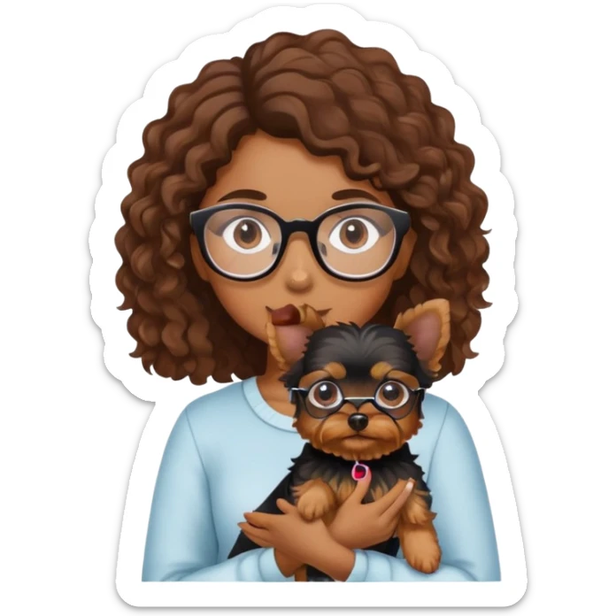 Young woman with brown curls and eyeglasses holding a small yorkie dog sticker