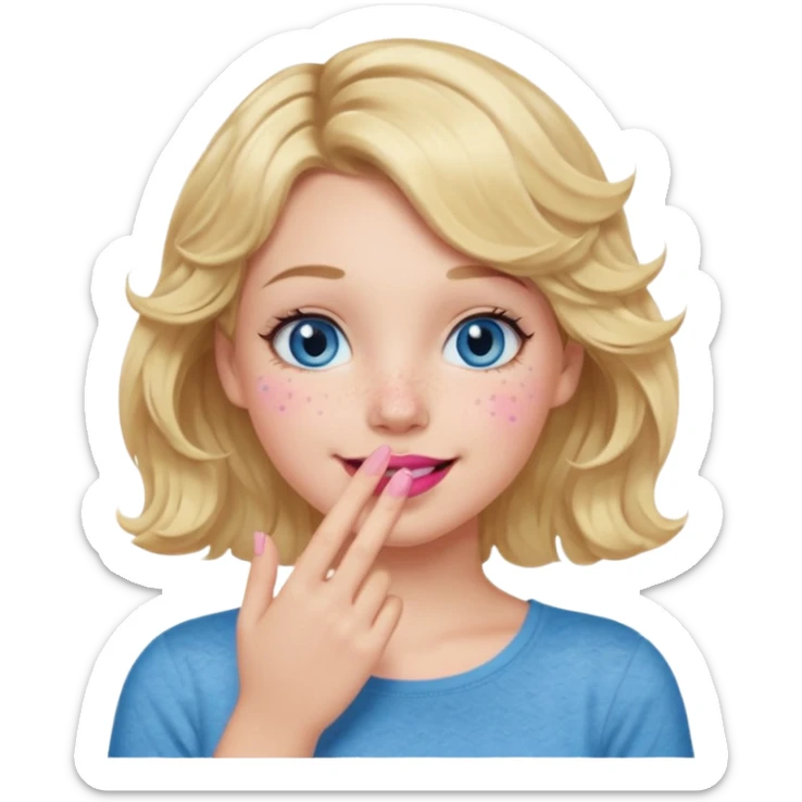 Girl Blonde short wavy hair,  blue eyes, cute blue top, long lashes, pink lips, smiling, hand covering the mouth sticker