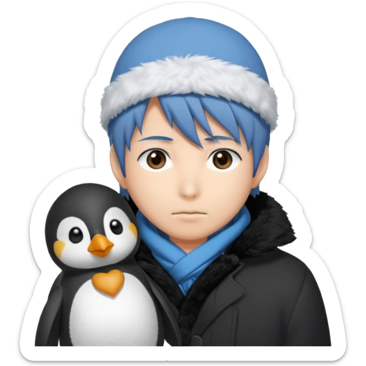 Winter penguin lying on Akashi Seijūrō’s shoulder with Akashi wearing winter clothes ans Akashi Seijuro from kuroko no basuke anime sticker