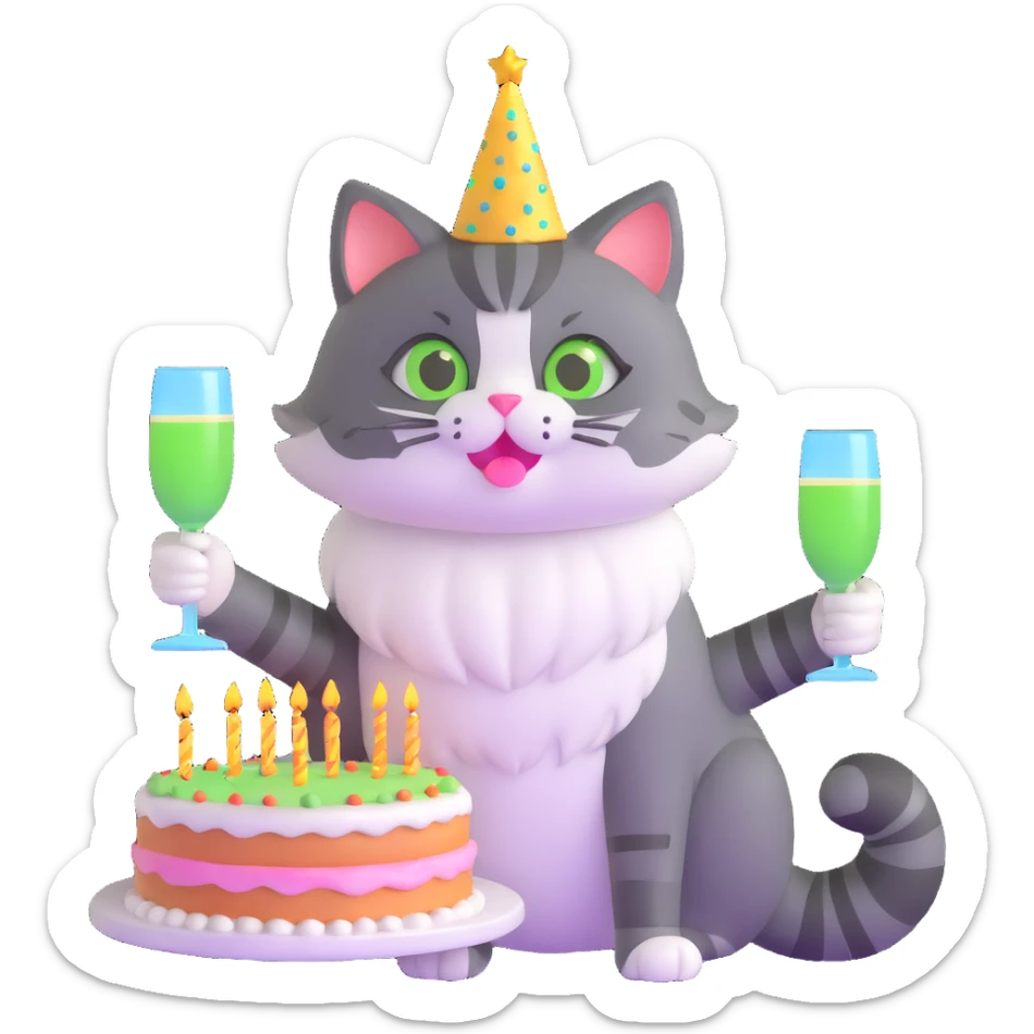tricolor fluffy cat with big green eyes celebrating her birthday with a cake and champagne sticker