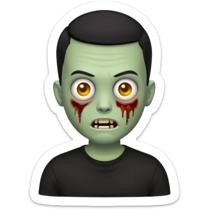 zombie emoji with buzz cut black hair and black t-shirt  sticker