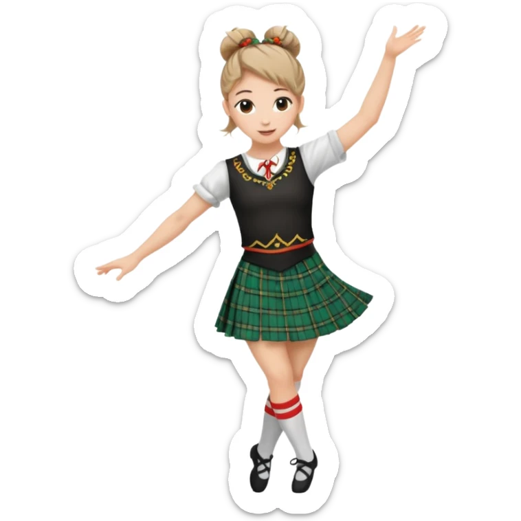 Female highland dancer with hair in bun wearing kilt and dancing sticker